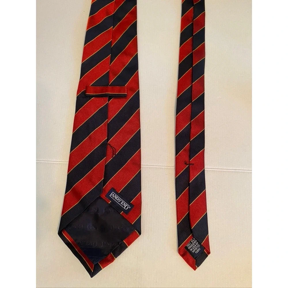 Lands End Mens Long Silk Tie Navy Blue Red Gold Regimental Stripe Handsewn USA